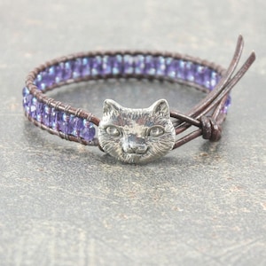 Cat Bracelet Silver Blue Purple Cat Jewelry Colorful Single Leather Wrap Bracelet