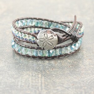 Sand Dollar Bracelet Silver Blue Teal Green Sand Dollar Jewelry Double Leather Wrap Bracelet