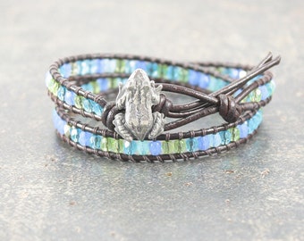 Frog Jewelry Silver Turquoise Green Blue Frog Bracelet Colorful Double Leather Wrap Bracelet