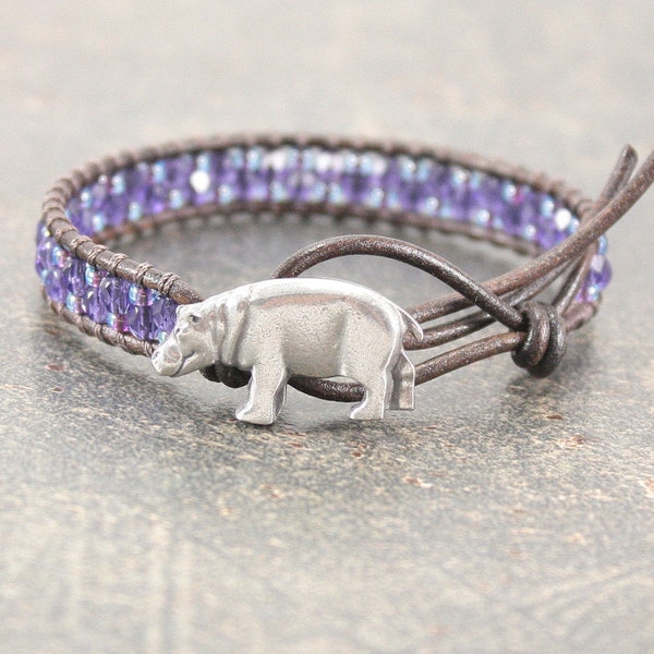 Purple Hippo Bracelet Beaded Leather Hippo Jewelry Hippo Lovers Gift