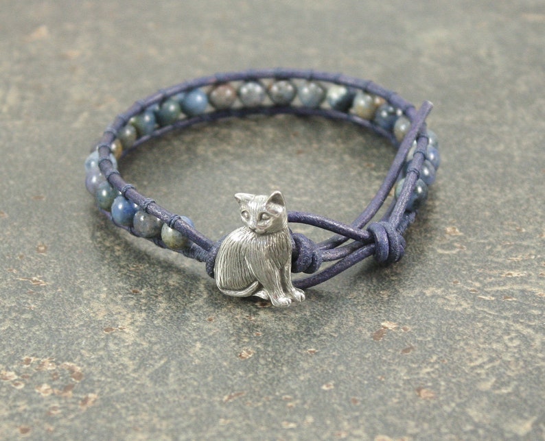 Rustic Leather Cat Jewelry Silver Tan Denim Blue Cat Bracelet image 2