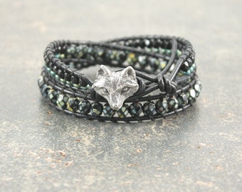 Unique Fox Bracelet One of a Kind Silver Gold Sage Green Black Fox Jewelry Double Leather Wrap Bracelet