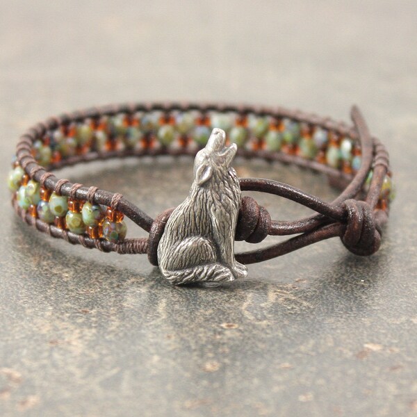 Leather Wolf Jewelry Silver Turquoise Topaz Wolf Bracelet Unique Single Leather Wrap Bracelet