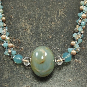 Statement Necklace One of a Kind Artisan Glass and Freshwater Pearl Necklace Hand Beaded Bronze Turquoise Necklace