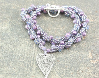 Rose Bracelet Lavender Blue Purple Heart Bracelet Beaded Wrap Bracelet Rose Jewelry Valentines Gift