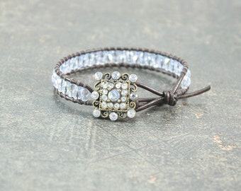 Rhinestone Leather Bracelet Sparkly One of a Kind Light Blue Bracelet Single Leather Wrap Bracelet