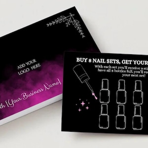 May include: Black and magenta nail salon loyalty cards. One card has the text "Add Your Logo Here" and "Stick with {Your Business Name}". The other card says "Buy 8 nail sets, get your 9th set 50% off".