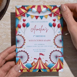 Editable Carnival Birthday Invitation, Circus Theme Birthday Invite, Printable Birthday Party Invite, Canva Template, Digital Download, 5x7&quot;