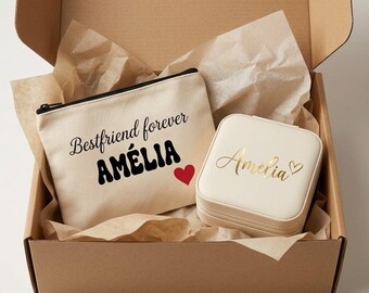 Birthday gift set, personalized gift set, makeup bag + jewelry box, gift for women, unique gift