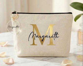 Pochette per il trucco personalizzata con iniziale + portachiavi abbinato | Pochette per il trucco personalizzata con nome | Regalo elegante e minimalista