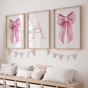 Pink Bow Coquette Wall Art | Custom Initial Name Prints | Set of 3 | Pink Nursery Decor | Girly Watercolor Art | Digital Download