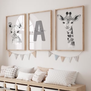 Set of 3 Jungle Animal Prints | Safari Nursery Wall Art | Personalized Name | Elephant, Giraffe & Lion | Kids Room Decor | Digital Download