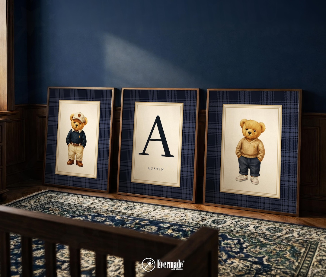 Preppy Teddy Bear Nursery Wall Art Set of 3, Personalized Bear Prints ...