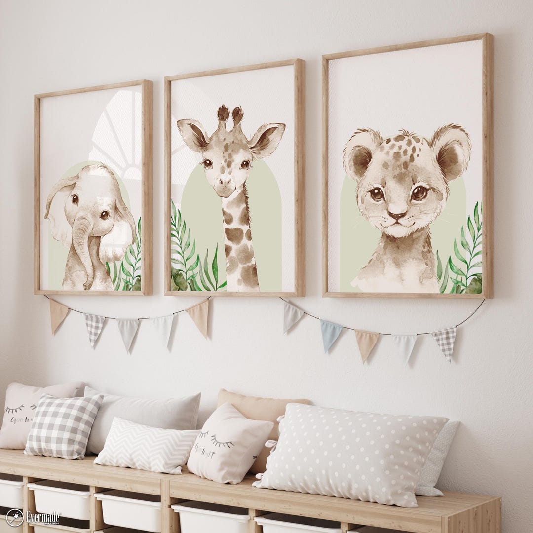 Safari Animal Prints | Set of 3 Jungle Nursery Wall Art | Sage Green ...
