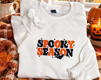 Halloween-Sweatshirt mit Stickerei, Rundhalsausschnitt, süßer Herbstpullover, orange-schwarzes Halloween-Shirt, gruseliges Geschenk