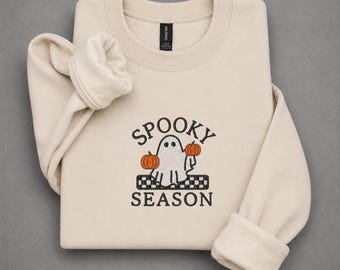 Geborduurd sweatshirt met spookmotief, schattige trui met spook en pompoen, Halloween-sweatshirt, knusse herfsttrui, cadeau voor spookliefhebbers