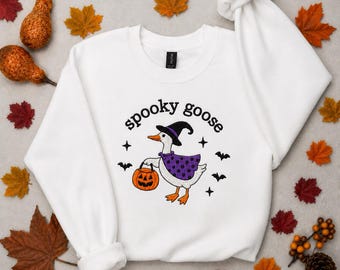 Spooky Goose Embroidered Sweatshirt | Halloween Witch Hat Goose Crewneck | Cozy Fall Pullover