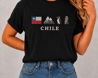 Embroidered Chile Flag Mountains Penguin Moai T-Shirt | Garment Dyed Unisex Tee