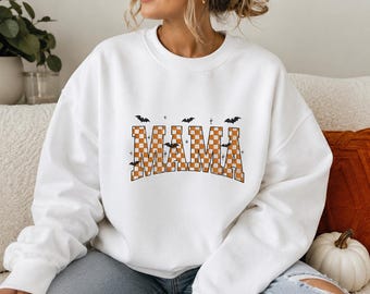 Halloween Mama Embroidered Sweatshirt | Checkerboard Mama Crewneck | Spooky Bat Sweatshirt | Fall Mom Sweatshirt | Cozy Autumn Gift