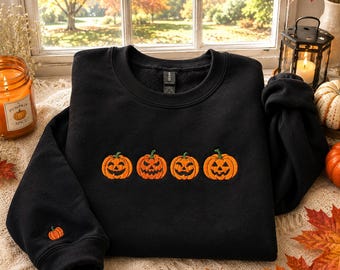 Halloween-Sweatshirt: Vier Kürbis-Motive, gruseliger Herbst-Rundhalsausschnitt