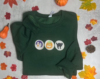 Halloween Embroidered Sweatshirt: Sugar Cookie Ghost, Cat & Pumpkin