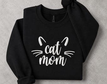 Embroidered Cat Mom Sweatshirt | Black Crewneck, Cat Lover Gift, Cozy Pet Parent