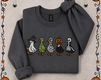Halloween Goose Embroidered Sweatshirt | Spooky Duck Crewneck | Witch Ghost Mummy Pumpkin Skeleton Geese | Cozy Fall Sweatshirt