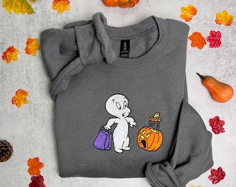 Embroidered Ghost Sweatshirt: Halloween Spooky Season - Gildan Soft Comfort