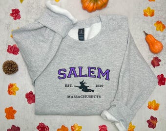 Embroidered Salem Massachusetts Sweatshirt: Spooky Season Witch Silhouette