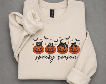 Spooky Season Embroidered Sweatshirt | Black Cat Pumpkin Crewneck | Cute Halloween Embroidery | Cozy Fall Sweatshirt | Beige Crewneck Gift