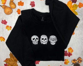 Embroidered Skeleton Sweatshirt: Speak No Evil Halloween Crewneck