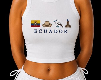 Besticktes Ecuador-Tanktop | Crop-Top mit Ecuador-Flagge | Shirt mit Ecuador-Stolz | Geripptes Sommer-Tanktop für Damen