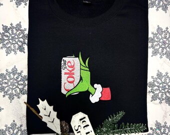 Embroidered Grinch Diet Soda Sweatshirt · Funny Holiday Crewneck · Christmas Sweater Gift