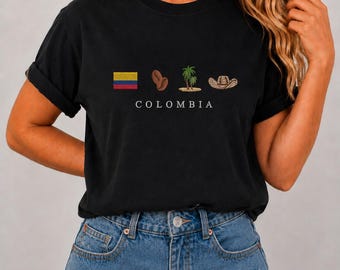 Colombia Embroidered Comfort Colors Tee | Flag, Coffee, Palm Tree, Sombrero Vueltiao Shirt