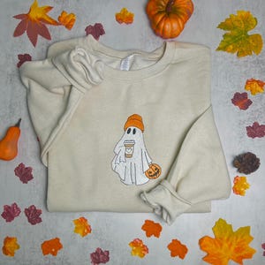 Embroidered Ghost Sweatshirt: Halloween Coffee Crewneck