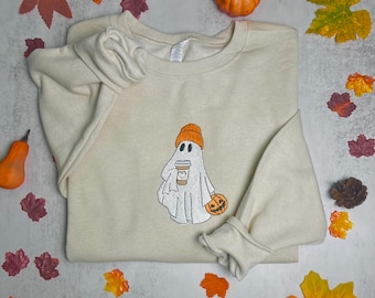 Embroidered Ghost Sweatshirt: Halloween Coffee Crewneck