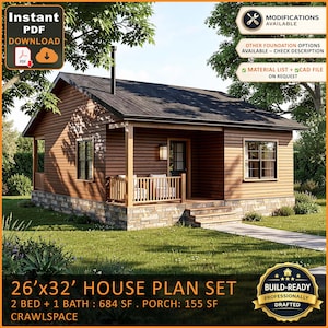 2 Bedroom ADU Plans | Small House Plans 684 Sq Ft | Guest House Blueprints | Modern Cottage Cabin Plan | Accessory Dwelling Unit PDF 26x32