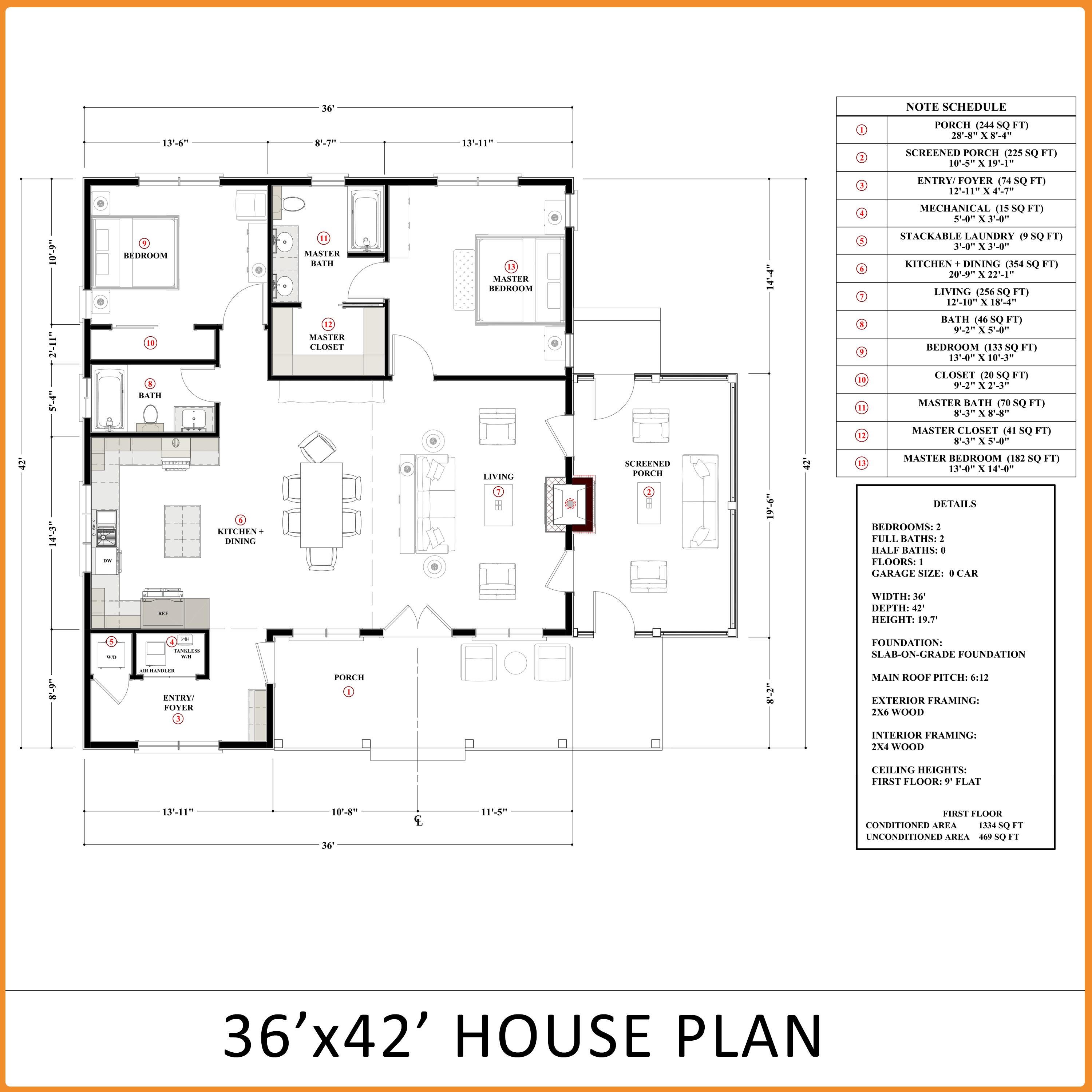 2 Bedroom House Plan PDF | 1334 Sq Ft Small House Plans | ADU Guest ...