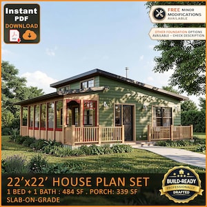 May include: A 22'x22' house plan set for a green cabin with a large porch, 484 square feet of living space, and 339 square feet of porch area. The design features a slab-on-grade foundation, one bedroom, one bathroom, and large windows.