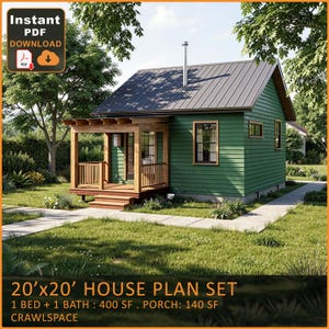 Op de afbeelding: Een groen huis met een veranda en een grijs dak. De huisplatenset omvat een huis van 6,1 m x 6,1 m met 1 slaapkamer, 1 badkamer, 37,2 m² en een veranda van 13 m². De tekst "Directe PDF download" is ook aanwezig.