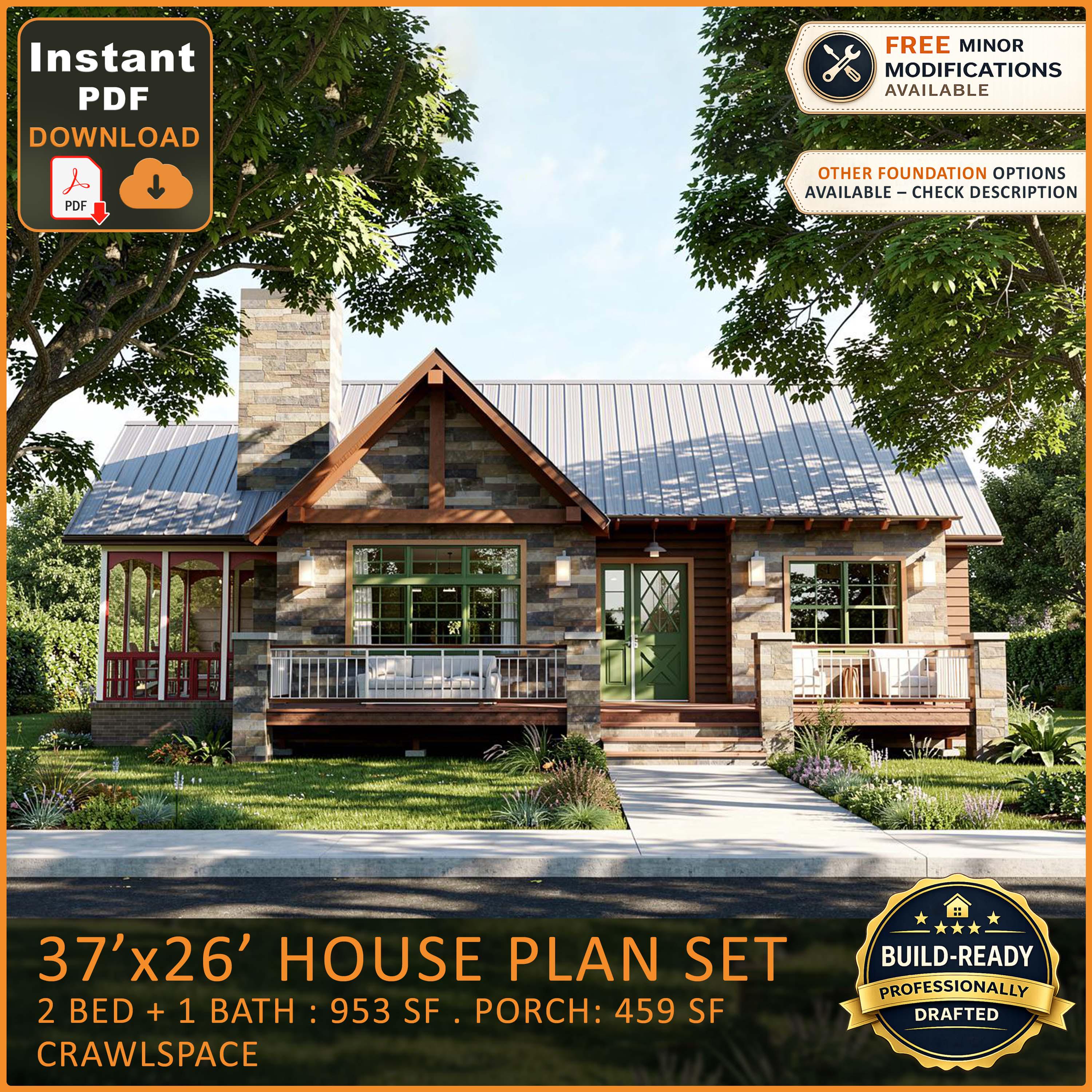 2 Bedroom House Plans Small Home Plans under 1000 sq ft Modern Cabin Plan Cottage Blueprint ADU Guest House Plans PDF