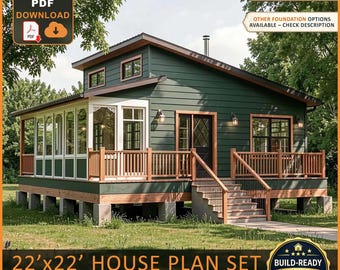 Modern 1 Bedroom Tiny House Plan | 484 SQ FT Small Cabin Blueprints | ADU Guest House Plans | Full Architectural Set