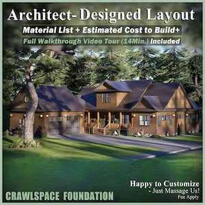 May include: An architectural rendering of a two-story house with a brown exterior, dark roof, and a long driveway. The image includes text that reads "Architect-Designed Layout" and "CRAWLSPACE FOUNDATION."