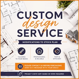 May include: An advertisement for a custom design service. The image features architectural blueprints, a model house, and text that reads "CUSTOM design SERVICE". Icons highlight tailored needs, professional service, and fast efficiency. Contact information is also included.
