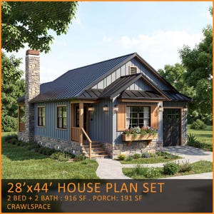 May include: A house plan set showing a two-storey house with a stone chimney and a dark metal roof. The house has blue siding, wooden accents, and a porch. The text on the image reads "28'x44' HOUSE PLAN SET". The house is approximately 8.5m x 13.4m.