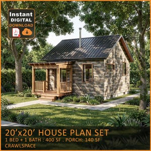 May include: A digital house plan set for a 20'x20' house. The image shows a small stone house with a black metal roof, a porch, and a chimney. The text on the image says "Instant Digital Download" and details the house's specifications: 1 bed, 1 bath, 400 sq ft, and a 140 sq ft porch.