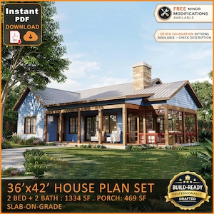 May include: A blue house plan set featuring a stone chimney, metal roof, and a screened porch. Text includes 36'x42' HOUSE PLAN SET, 2 BED + 2 BATH, 1334 SF, PORCH: 469 SF, SLAB-ON-GRADE, BUILD-READY PROFESSIONALLY DRAFTED, and INSTANT PDF DOWNLOAD.