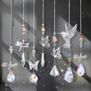 Crystal Prism Suncatcher with Butterfly, Dragonfly & Hummingbird | Rainbow Maker Window Hanging | Boho Home Decor Gift