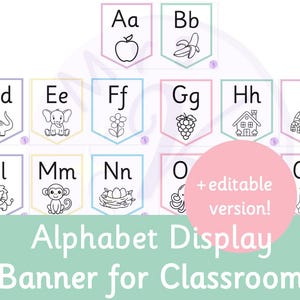 Editable Pastel Alphabet Display Pack | Calm Classroom Decor | 8 Font Options | Letter & Picture Banners