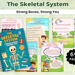 Puede incluir: Un libro educativo encuadernado en espiral titulado "The Skeletal System" con el lema "Strong Bones, Strong You". La portada presenta un esqueleto de dibujos animados. Páginas adicionales muestran diagramas de la columna vertebral, datos divertidos y preguntas. La imagen también incluye el texto "69 PAGE."